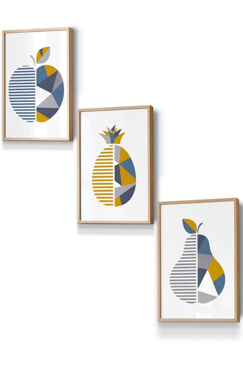 Geometric Fruit Apple Blue Yellow Framed Wall Art - Small